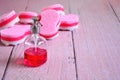 Washing dishes , tools for cleaning kitchen dishes , dispenser with red dish soap and pink sponge