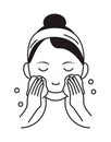 Washing face icon vector. Girl shows how to cleaning, whiting face and use cosmetic cleanser. Info-graphic in outline style
