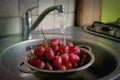 Washing fresh grapes in colander under the tap. Royalty Free Stock Photo