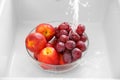 Washing fresh grapes and nectarines in bowl under tap water Royalty Free Stock Photo