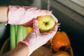 Washing fruits. Hands in pink gloves washing apple in water stream in sink during virus epidemic. Woman cleaning fresh vegetables