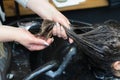 Washing hair on a blurred backdrop of a beauty salon. Background, selective focus Royalty Free Stock Photo