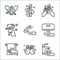 Washing hand line icons. linear set. quality vector line set such as faucet, hand, towel, hand dryer, alcohol gel, money, wash, Royalty Free Stock Photo