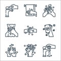 Washing hand line icons. linear set. quality vector line set such as faucet, hand washing, hand washing, money, tissue paper, wash