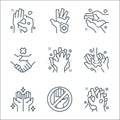 Washing hand line icons. linear set. quality vector line set such as washing, do not touch, hands, washing, no handshake, hand