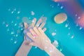 Washing hand with soap and soapbubbles. Royalty Free Stock Photo