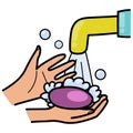 Washing hands with a bar of soap icon in doodle style. Hygiene chore routine symbol Royalty Free Stock Photo