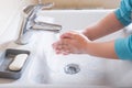 Washing hands child rinsing soap with running water at sink, Coronavirus prevention hand hygiene. Covid-19 pandemic protection by Royalty Free Stock Photo