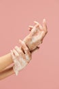 Washing Hands. Female Arms Covered With Soap Foam For COVID-19 Prevention. Using Antibacterial Products And Personal Hygiene Royalty Free Stock Photo