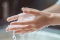 Washing Hands with Soap Closeup. Woman Wash her Palms, Soapy Arms, Washing Hands