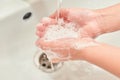 Washing hands with soap under the tap. There is no pandemic.