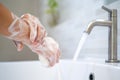 Washing hands with soap and water. Women scrub hand soap with wash basin .The concept of hand hygiene and hand washing days around