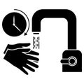 Washing hands with timer under running water. Hand washing under touch less faucet. Wash your hands, icon. Black silhouette, Royalty Free Stock Photo