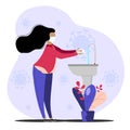 Washing hands to sanitize and disinfect COVID-19 Coronavirus pathogens from your hands concept, woman washing hands with alcohol