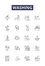 Washing line vector icons and signs. Wiping, Scouring, Showering, Flushing, Cleaning, Soaking, Wringing, Sudsing outline