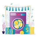 Washing machine with banknotes and golden coins. Legalization of funds. Concept of money laundering and financial crime Royalty Free Stock Photo