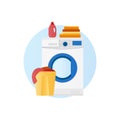 Washing machine with basket of linen and detergent icon