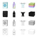 Washing machine, bottle of bleach, drying children`s clothes, a stack of clean linen. Washing and cleaning set Royalty Free Stock Photo