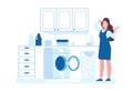 Washing machine is broken. Household appliance maintenance. Plumber repair service. Woman and washer with leakage