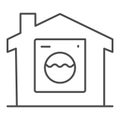 Washing machine in building thin line icon, smart home symbol, remote control household appliance vector sign on white