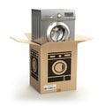 Washing machine in carton cardboard box. E-commerce, internet on