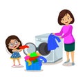 Washing machine cute little girl helps her mother wash her clothes