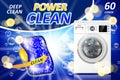 Washing machine detergent tabs ad. Stain remover banner design with realistic washing machine with clean soap bubbles