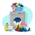 Washing machine dirty linen vector flat cartoon illustration. Household laundry service