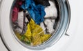 Washing machine door, clean colorful clothes, yellow, blue plush terry