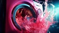 Washing machine drum with water, closeup. Water splash with neon light. Generative AI Royalty Free Stock Photo