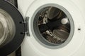 Washing machine with empty drum as background, closeup Royalty Free Stock Photo