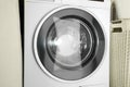 Washing machine with empty drum as background, closeup Royalty Free Stock Photo