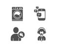 Washing machine, Find user and Communication icons. Shipping support sign.