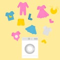 Washing machine in flat style with kids clothes. Laundry for little children. Boys and girls outfit cleaning service Royalty Free Stock Photo