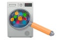 Washing machine with germs and bacterias under magnifying glass. 3D rendering
