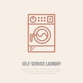 Washing machine icon, washer line logo. Flat sign for launderette service. Logotype for self-service laundry, clothing