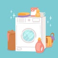 Washing machine and laundry. Cartoon washer, linen baskets and cleaning products, soap powder and conditioner. Clothing