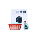 Washing machine with powder and laundry basket. Modern vector illustration in flat style