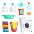 Washing machine powder set. Laundry detergent. Vector illustration icons clean clothes. Laundry collection Liquid hand soap icon