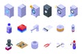 Washing machine repair icons set isometric vector. Broken appliance