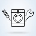 Washing machine repair service vector illustration in line style. Plumbing services, household appliances repair icon