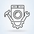 Washing machine repair service vector illustration in line style. Plumbing services, household appliances repair icon
