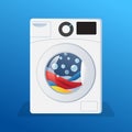 Washing machine sticker, washer with clothes, linen and foam bubbles inside, vector illustration isolated.