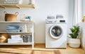 Washing machines in laundry room interior with wardrobe and accessories Royalty Free Stock Photo