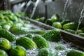 Washing Many Cucumbers, Cucumbers Automated Washing Line, Vegetable Sorting on Conveyor