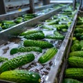 Washing Many Cucumbers, Cucumbers Automated Washing Line, Vegetable Sorting on Conveyor