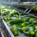 Washing Many Cucumbers, Cucumbers Automated Washing Line, Vegetable Sorting on Conveyor