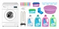 Washing Powder & Liquid Detergents. Laundry room interior with washing machine, clothes pin, socks, household chemistry cleaning,