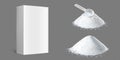 Washing powder piles with measuring scoop and box