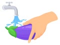 Washing vegetable under running water. Clean eggplant icon